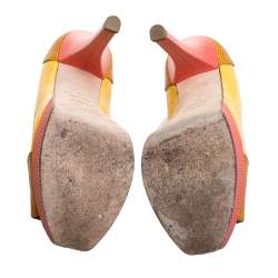 مملوكة مسبقًا Fendi Yellow/Pink Fendista Colorblock Lizard-Embossed Leather Peep Toe Platform Pumps Size 36