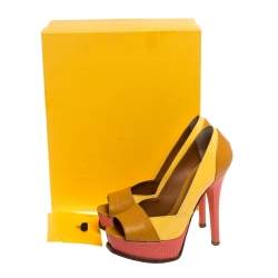 مملوكة مسبقًا Fendi Yellow/Pink Fendista Colorblock Lizard-Embossed Leather Peep Toe Platform Pumps Size 36