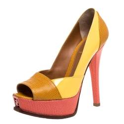مملوكة مسبقًا Fendi Yellow/Pink Fendista Colorblock Lizard-Embossed Leather Peep Toe Platform Pumps Size 36