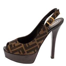 Pre Owned Fendi Tobacco Zucca Canvas Fendista Platform Slingback Sandals Size 37 