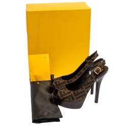 Pre Owned Fendi Tobacco Zucca Canvas Fendista Platform Slingback Sandals Size 37 