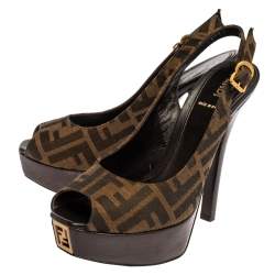Pre Owned Fendi Tobacco Zucca Canvas Fendista Platform Slingback Sandals Size 37 