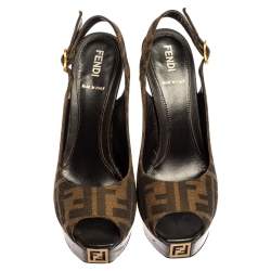 Pre Owned Fendi Tobacco Zucca Canvas Fendista Platform Slingback Sandals Size 37 