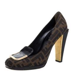Pre Owned Fendi Brown/Black Zucca Canvas And Patent Leather Square Toe Pumps Size 38