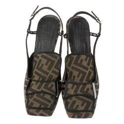Pre Owned Fendi Tobacco Zucca Canvas and Leather FFreedom Slingback Pumps Size 39