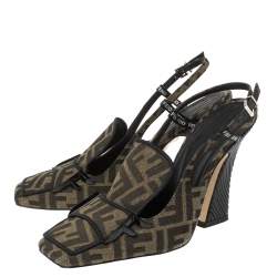 Pre Owned Fendi Tobacco Zucca Canvas and Leather FFreedom Slingback Pumps Size 39