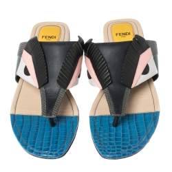 مملوكة مسبقًا Fendi Multicolor Bugs Paneled Leather Thong Sandals Size 38.5