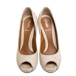 Pre Owned Fendi Beige Python Embossed Leather Platform Peep Toe Pumps Size 36