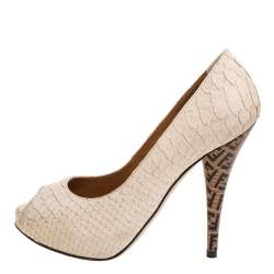 Pre Owned Fendi Beige Python Embossed Leather Platform Peep Toe Pumps Size 36