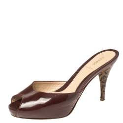 Pre Owned Fendi Burgundy Patent Leather and Zucca Heel Peep Toe Slide Sandals Size 37.5