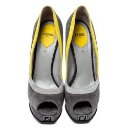 Pre Owned Fendi Grey/Yellow Suede Fendista Peep Toe Pumps Size 38.5