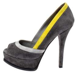 Pre Owned Fendi Grey/Yellow Suede Fendista Peep Toe Pumps Size 38.5