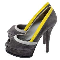 Pre Owned Fendi Grey/Yellow Suede Fendista Peep Toe Pumps Size 38.5