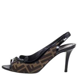 Pre Owned Fendi Black/Brown Tobacco Zucca Canvas and Patent Leather Slingback Sandals Size 39