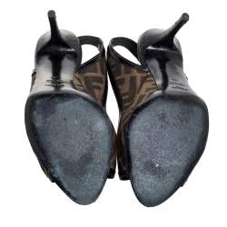 Pre Owned Fendi Black/Brown Tobacco Zucca Canvas and Patent Leather Slingback Sandals Size 39