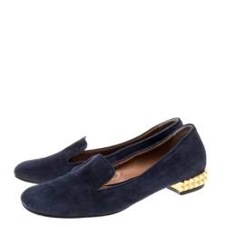 Fendi Navy Blue Suede Studded Heel Smoking Slippers Size 38