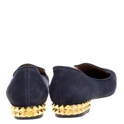 Fendi Navy Blue Suede Studded Heel Smoking Slippers Size 38