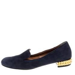 Fendi Navy Blue Suede Studded Heel Smoking Slippers Size 38