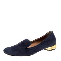 Fendi Navy Blue Suede Studded Heel Smoking Slippers Size 38