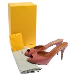 Pre Owned Fendi Coral Pink Patent Leather Peep Toe Slide Sandals Size 41