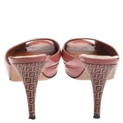 Pre Owned Fendi Coral Pink Patent Leather Peep Toe Slide Sandals Size 41