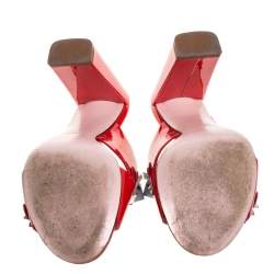 Pre Owned Fendi Red Patent Leather Embellished Floral Appliquéd Mules Size 36