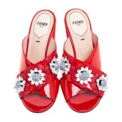 Pre Owned Fendi Red Patent Leather Embellished Floral Appliquéd Mules Size 36