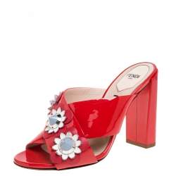 Pre Owned Fendi Red Patent Leather Embellished Floral Appliquéd Mules Size 36
