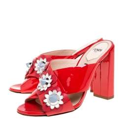 Pre Owned Fendi Red Patent Leather Embellished Floral Appliquéd Mules Size 36
