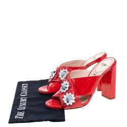 Pre Owned Fendi Red Patent Leather Embellished Floral Appliquéd Mules Size 36