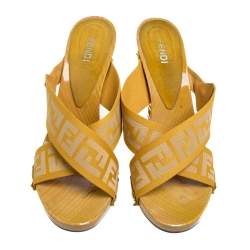 Pre Owned Fendi Yellow Zucca Canvas Wedge Slides Sandals Size 40 