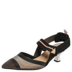 Pre Owned Fendi Brown Zucca Mesh and Fabric Colibri Slingback Pumps Size 38.5