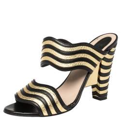 Pre Owned Fendi Black/Gold Wave Striped Leather Mules Size 38.5