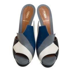 Pre Owned Fendi Multicolor Leather Color-Block Peep Toe Slide Sandals Size 39