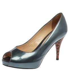 Pre Owned Fendi Teal Grey Patent Leather Zucca Print Heel Peep Toe Platform Pumps Size 36