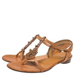Pre Owned Fendi Brown Leather T Strap Flat Sandals Size 41
