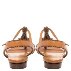 Pre Owned Fendi Brown Leather T Strap Flat Sandals Size 41