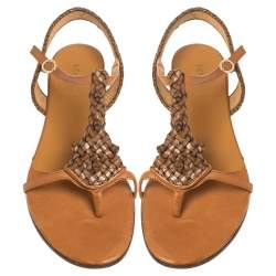 Pre Owned Fendi Brown Leather T Strap Flat Sandals Size 41