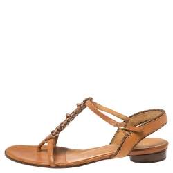 Pre Owned Fendi Brown Leather T Strap Flat Sandals Size 41