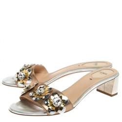Pre Owned Fendi Metallic Bronze/Silver Leather Flowerland Slide Sandals Size 40