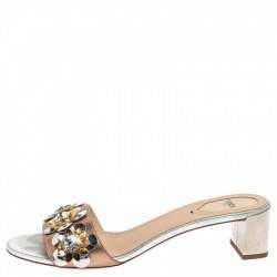 Pre Owned Fendi Metallic Bronze/Silver Leather Flowerland Slide Sandals Size 40