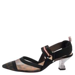 Pre Owned Fendi Black/Brown Mesh And Fabric Colibri Slingback Pumps Size 36.5