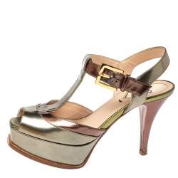 مملوكة مسبقًا Fendi Metallic Tri Color Fendista Platform T-Bar Ankle Strap Sandals Size 36