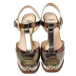 مملوكة مسبقًا Fendi Metallic Tri Color Fendista Platform T-Bar Ankle Strap Sandals Size 36