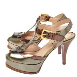 مملوكة مسبقًا Fendi Metallic Tri Color Fendista Platform T-Bar Ankle Strap Sandals Size 36