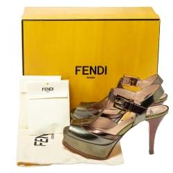 مملوكة مسبقًا Fendi Metallic Tri Color Fendista Platform T-Bar Ankle Strap Sandals Size 36