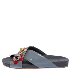 Pre Owned  Fendi Blue Patent Leather Flowerland Flat Slides Size 38.5