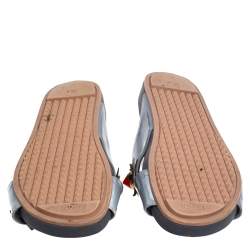 Pre Owned  Fendi Blue Patent Leather Flowerland Flat Slides Size 38.5