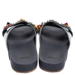 Pre Owned  Fendi Blue Patent Leather Flowerland Flat Slides Size 38.5