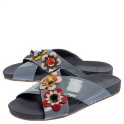 Pre Owned  Fendi Blue Patent Leather Flowerland Flat Slides Size 38.5
